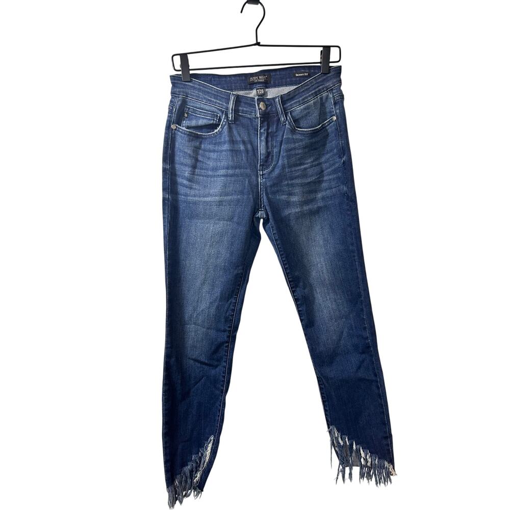 Judy Blue Denim Frayed‎ Hem Skinny Fit Jeans Stretch Dark Wash Blue Size 7/28